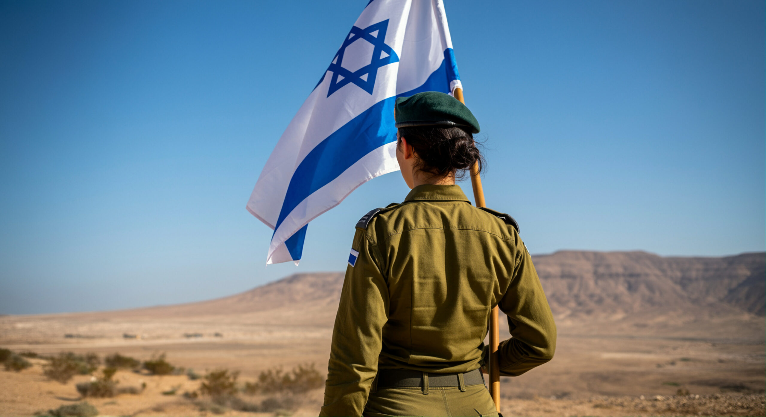 ['soldier', 'Israeli military', 'flag', 'military', 'patriotism', 'desert', 'Israel', 'national flag', 'armed forces', 'uniform', 'Israel Defense Forces', 'IDF', 'sergeant', 'flag bearer', 'military pride', 'landscape', 'outdoors', 'courage', 'female soldier', 'protection', 'nationalism', 'defense', 'identity', 'leadership', 'freedom', 'heroism', 'emblem', 'symbol of strength', 'duty', 'standing', 'representative', 'scenic', 'background', 'military service', 'intentional', 'landscape view', 'peace', 'camaraderie', 'strength', 'honor', 'national identity', 'military uniform', 'traditional', 'vintage', 'cultural significance', 'inspiring', 'vibrant', 'sunny', 'calm']